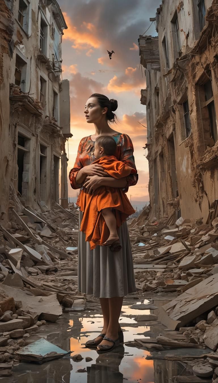 Surreal Anti-War Art: Mother and Child in Ruins