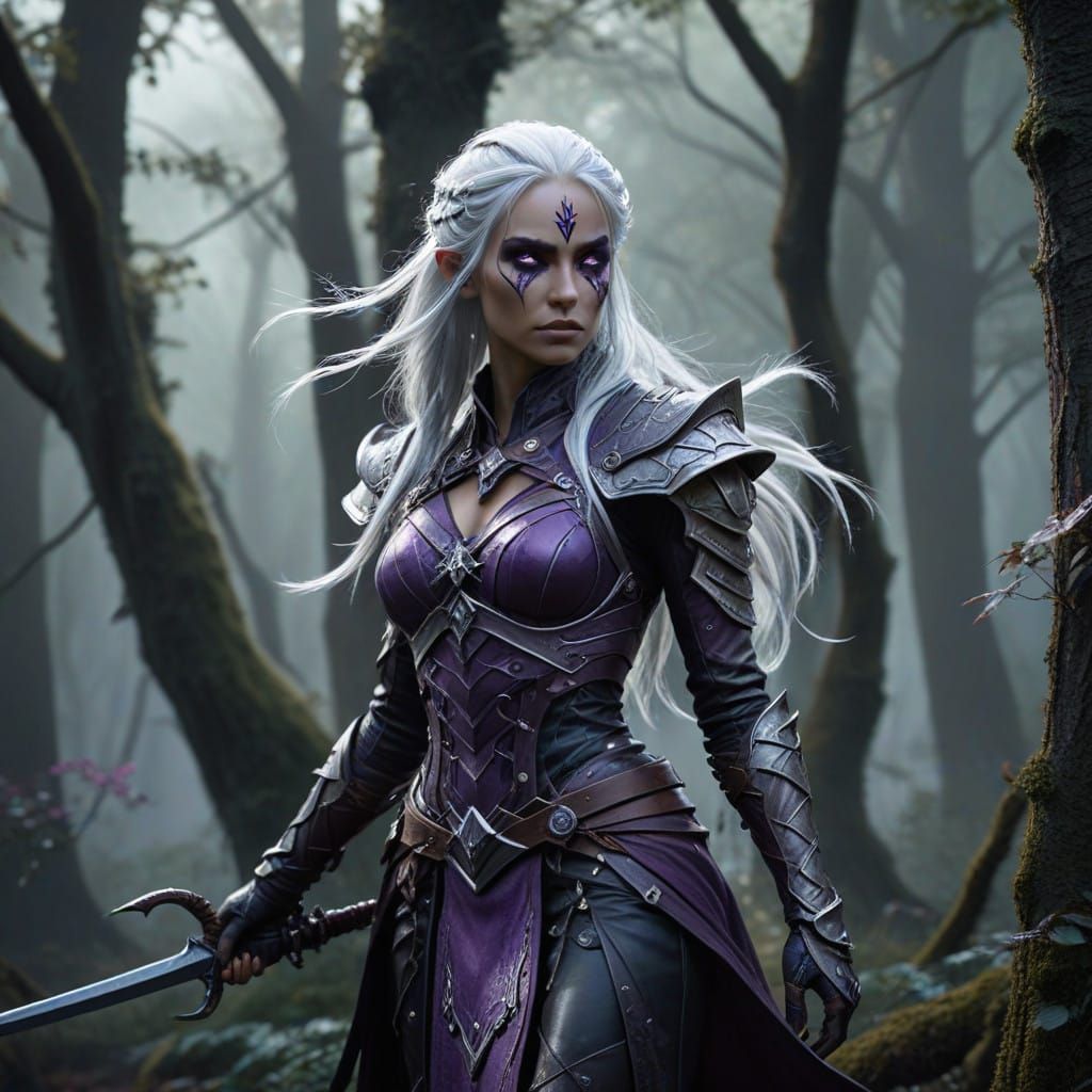 Dark Elf Ranger Readies for Battle in Mystical Forest