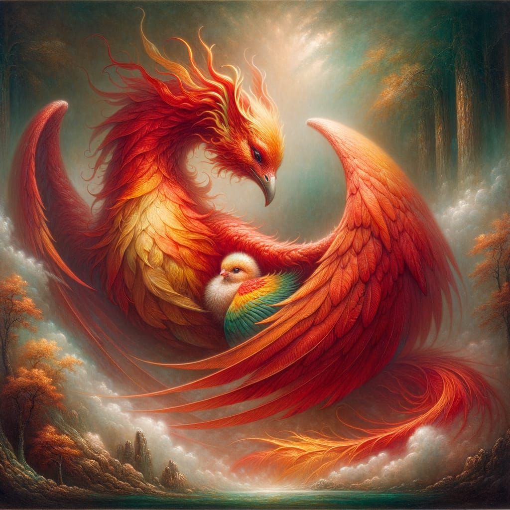 Mighty Mother Phoenix and Chick in Ethereal Mist