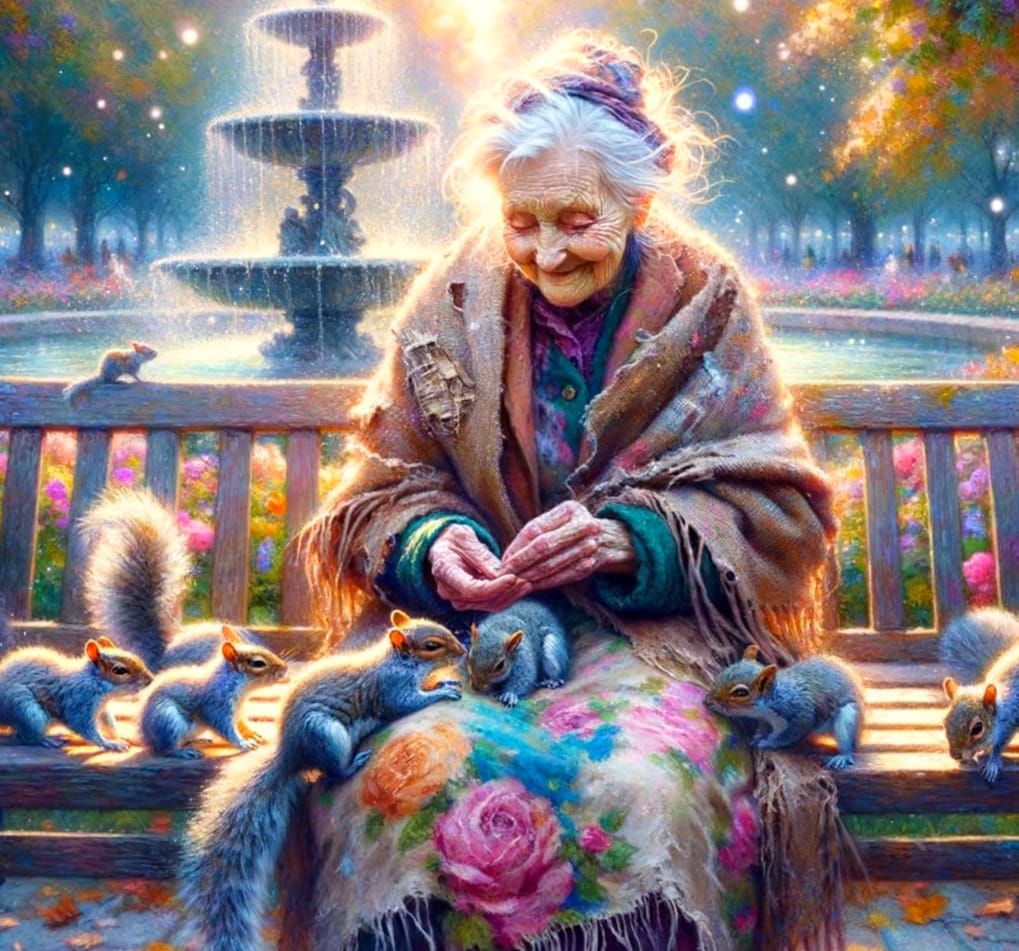 Elderly Lady Surrounded by Playful Squirrels in a Vibrant Pa...