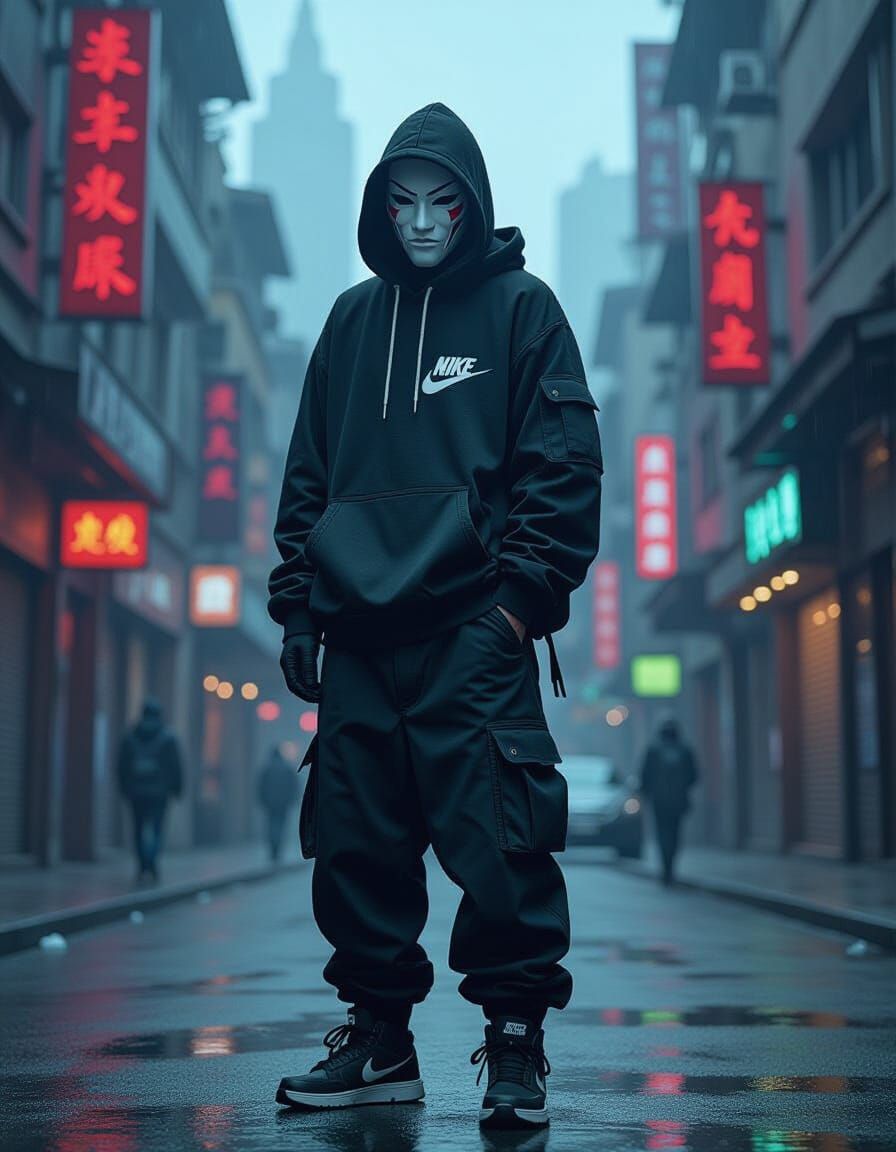 Cyberpunk Hacker with Oni Mask in Neon Dystopian City