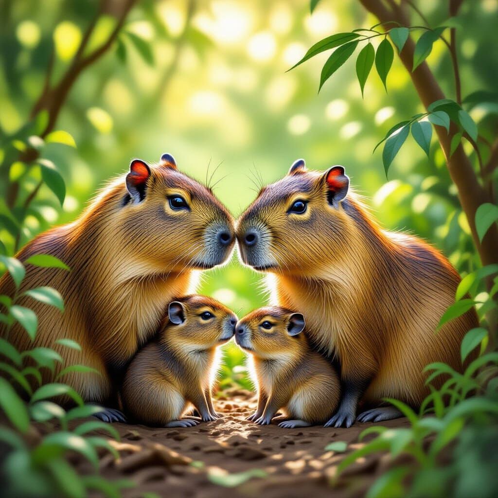 Realistic Capybara Family in Natural Habitat