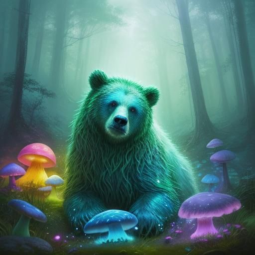 Holy Bear in Mystical Forest, Vibrant Oil Painting