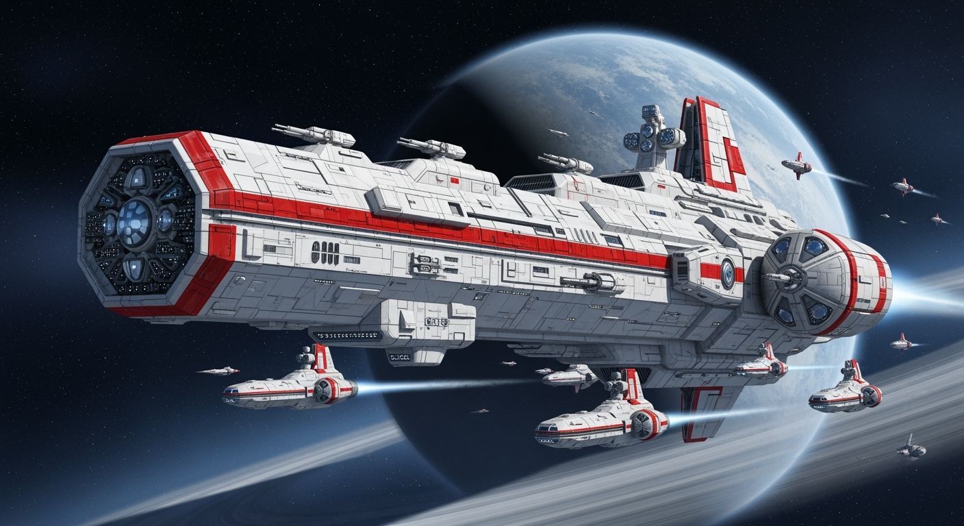 Colossal Spaceship Over Ringed Planet in Sci-Fi Style