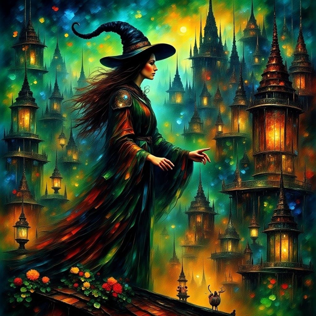 Enchanting Witch Casting Spell from Rooftop