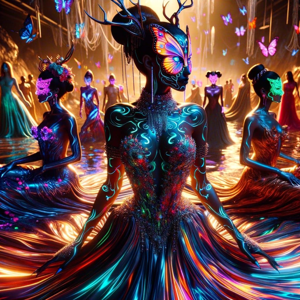 Psychedelic Spider-Woman in Neon Gown with Satyrs