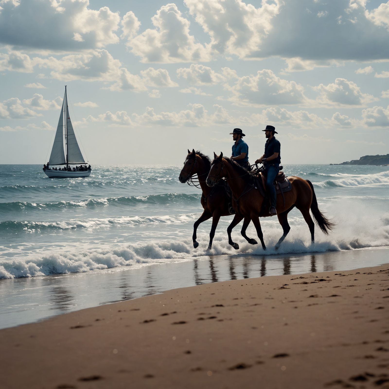 Vibrant Coastal Scene with Riders in Hyperrealistic Detail