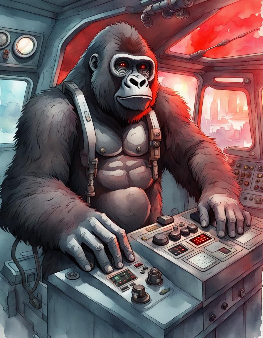 Gorilla Controls Submarine in Comic Watercolor Style