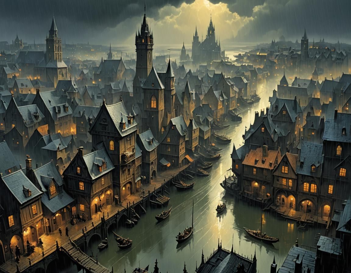 Gothic Medieval Port City in Rain