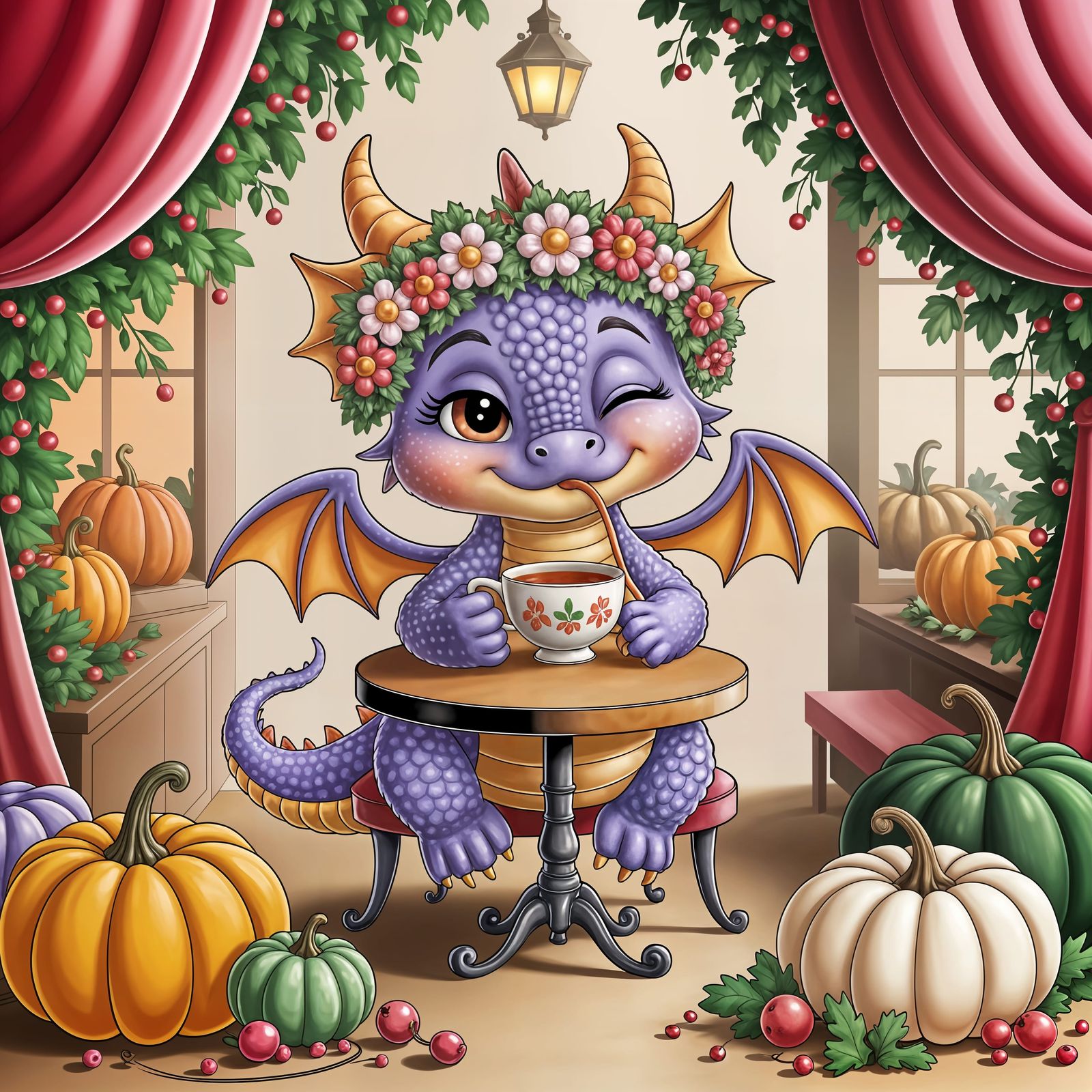 Adorable Dragon Sipping Tea in Autumn Cafe