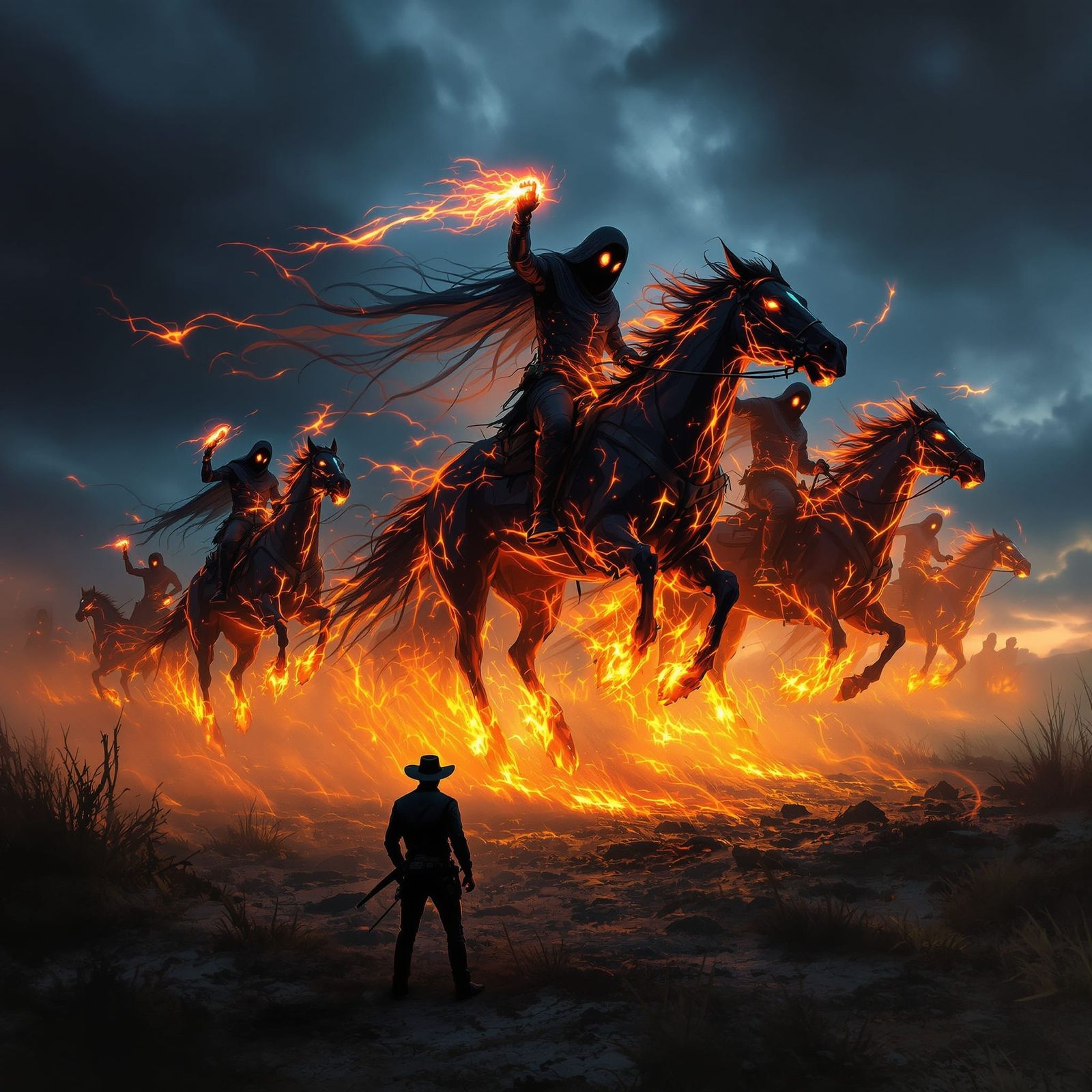 Ghost riders on fiery phantom horses gallop across stormy night sky