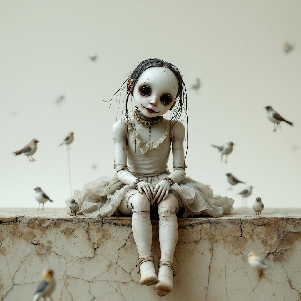 Sad Puppet Girl on Cracked Stage with Mechanical Birds