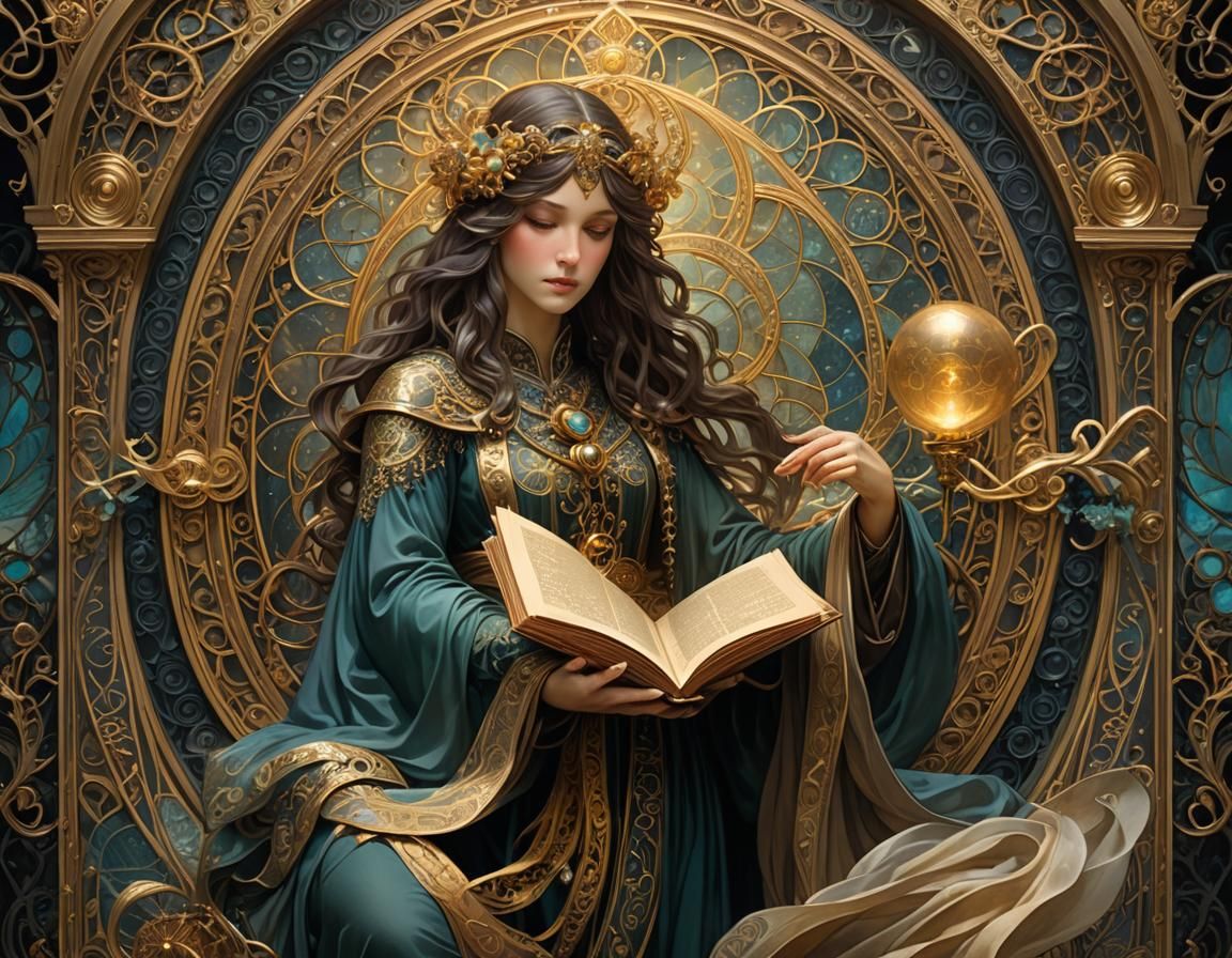 Mystical Art Nouveau Figure with Occult Tome