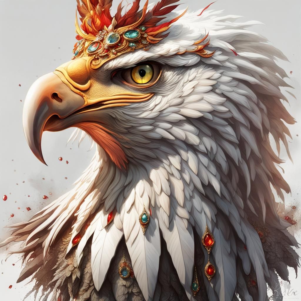 A (((hyper realistic ivory white eagle))) dripping with (((glowing blood))), intricate details and a (((fiery crown))) a...