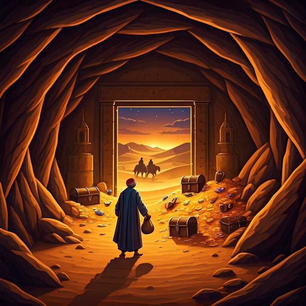 Ali Baba Discovers Treasure Cave in Desert Twilight
