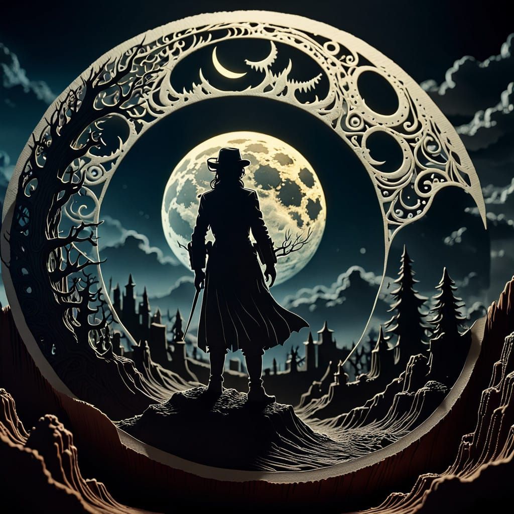 Mechanical Moon Horror in Dark Papercut Style