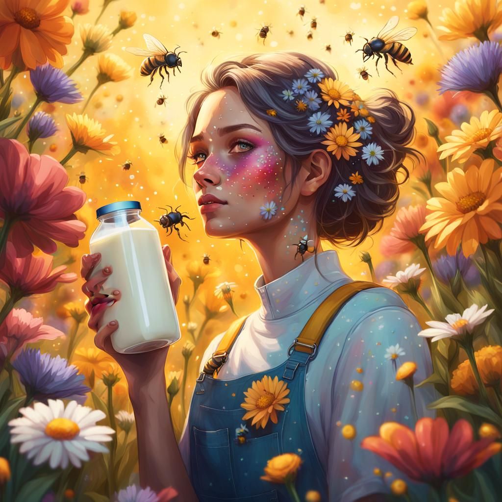 Person Covered in Flowers and Milk: Hyperrealistic Art