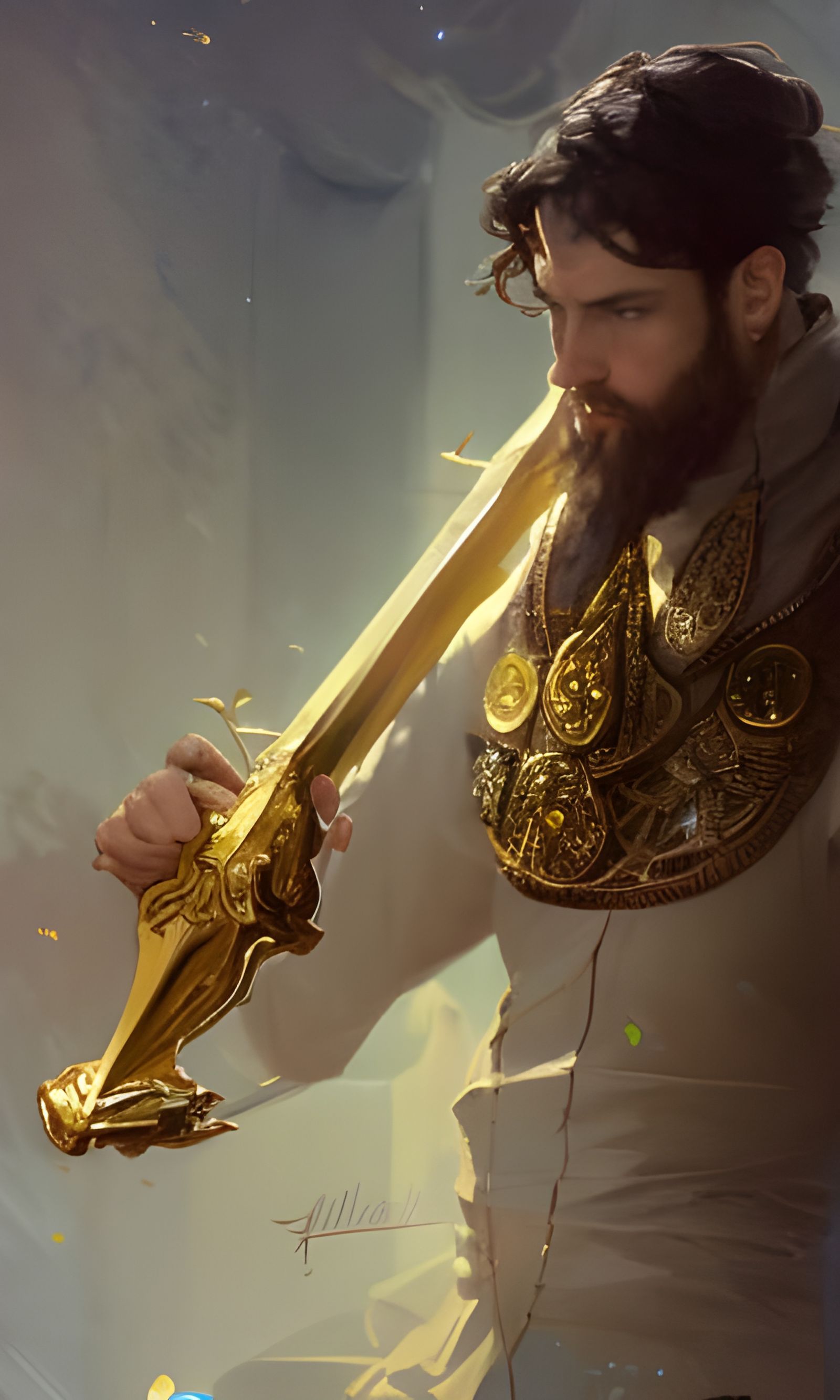 Knight with Gold Sword Portrait in Hyperdetailed Style