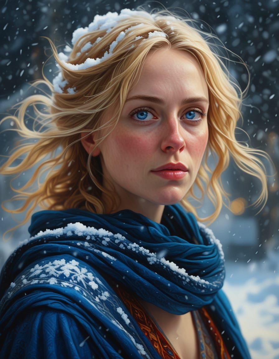 Chiaroscuro Portrait of a Woman in Falling Snow