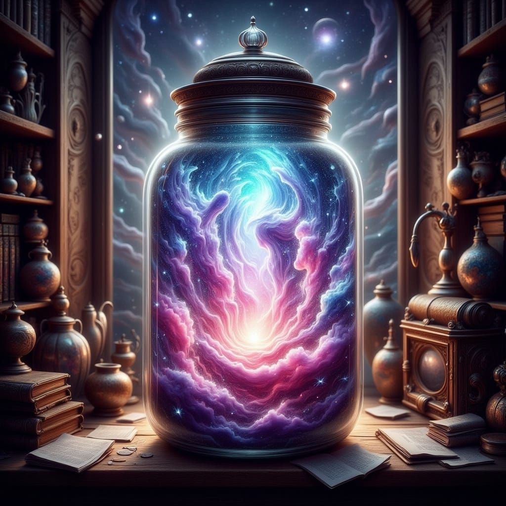 Iridescent Galaxy in a Jar: Surreal Home Office