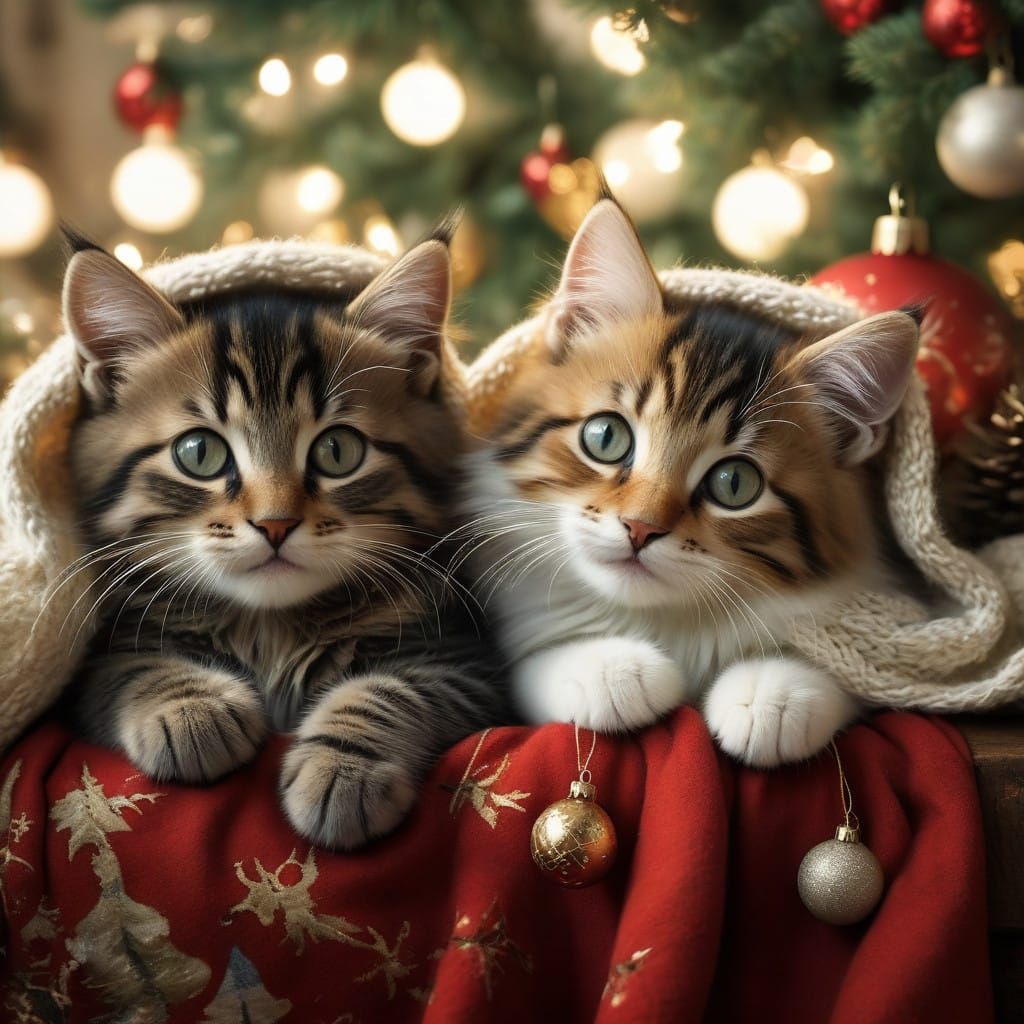 Cozy Kittens Beneath a Whimsical Christmas Tree