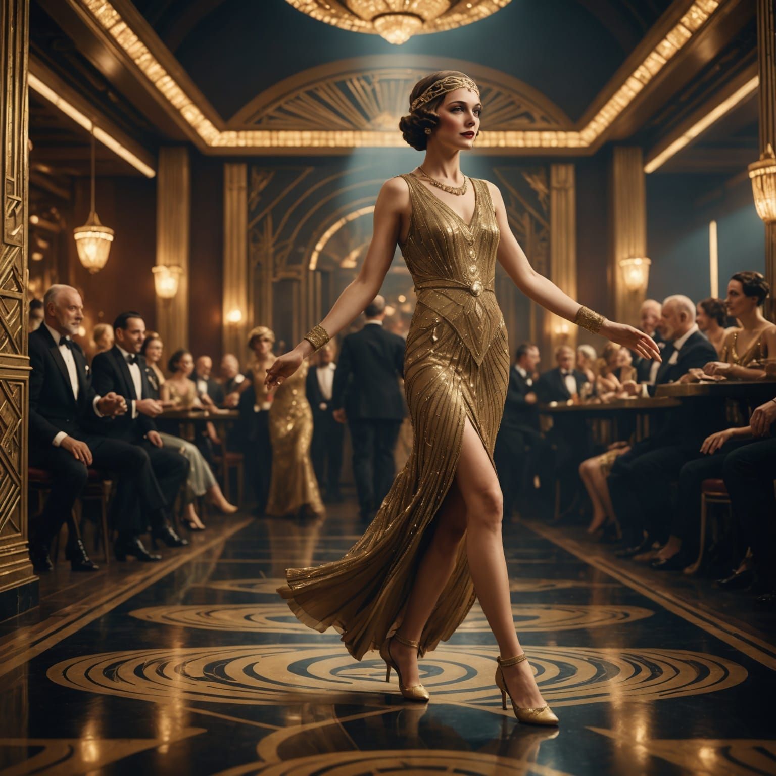 Woman in Gold Dress Art Deco Style