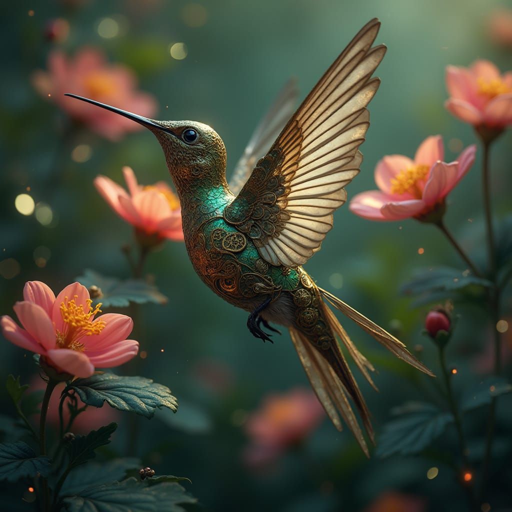 Steampunk Hummingbird in Bioluminescent Garden