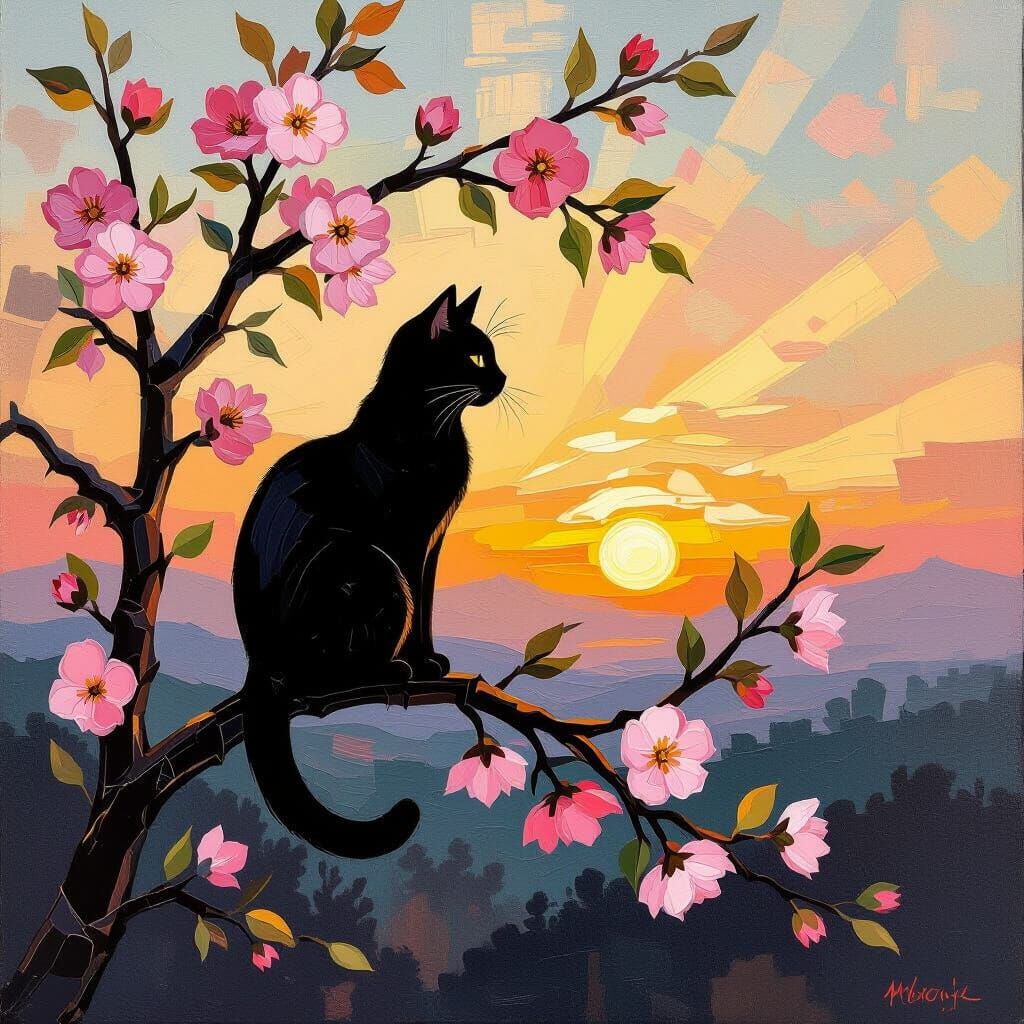Black Cat Silhouetted on Cherry Blossom Branch at Sunrise
