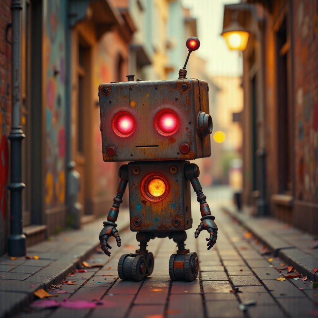 Cute Evil Robot with Square Body and Red Eyes Rolling Down H...