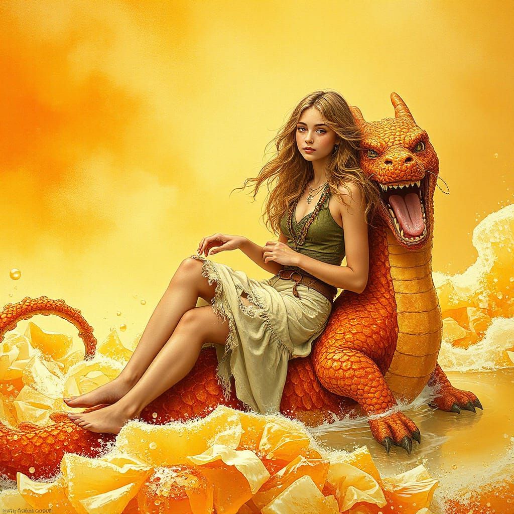 Woman on Gummy Dragon in Effervescent Soda Sea