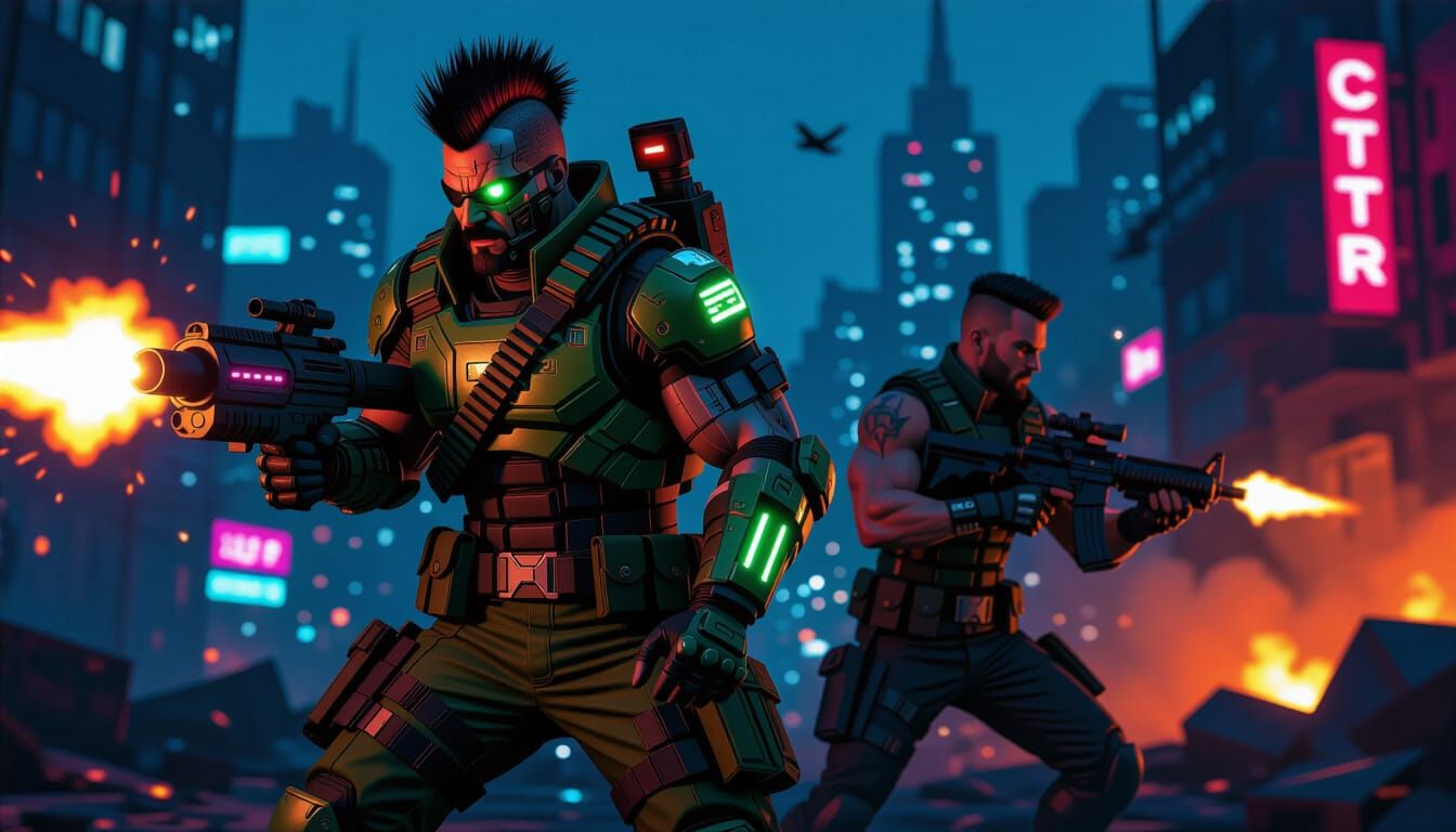 Contra Heroes Battle Cyberpunk City in Digital Painting