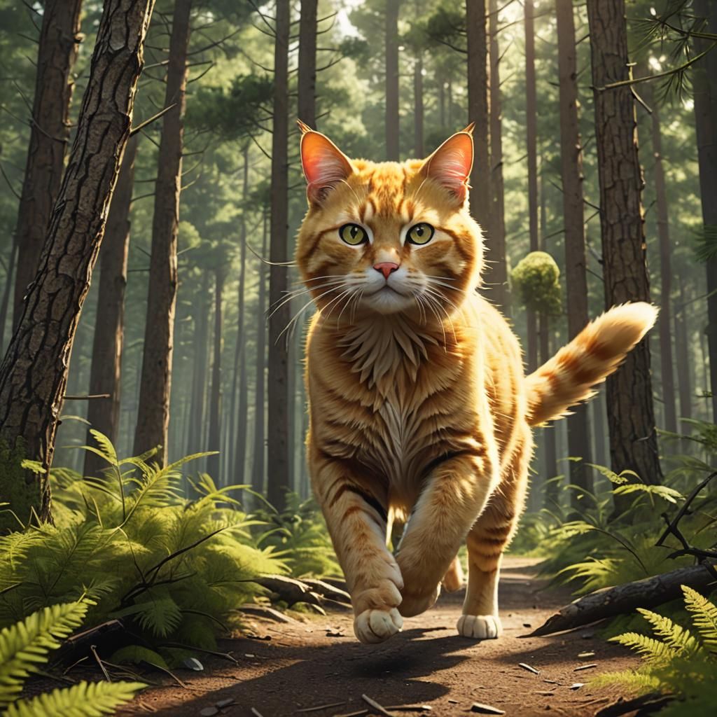 Yellow Cat Running in Pine Forest: 3D Anime Art