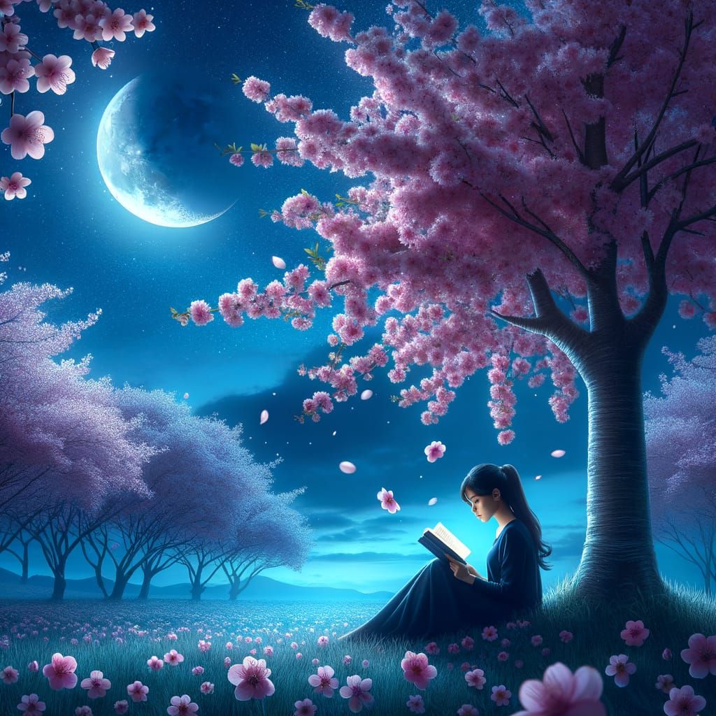 Moonlit Girl Reads Under Sakura Blossoms