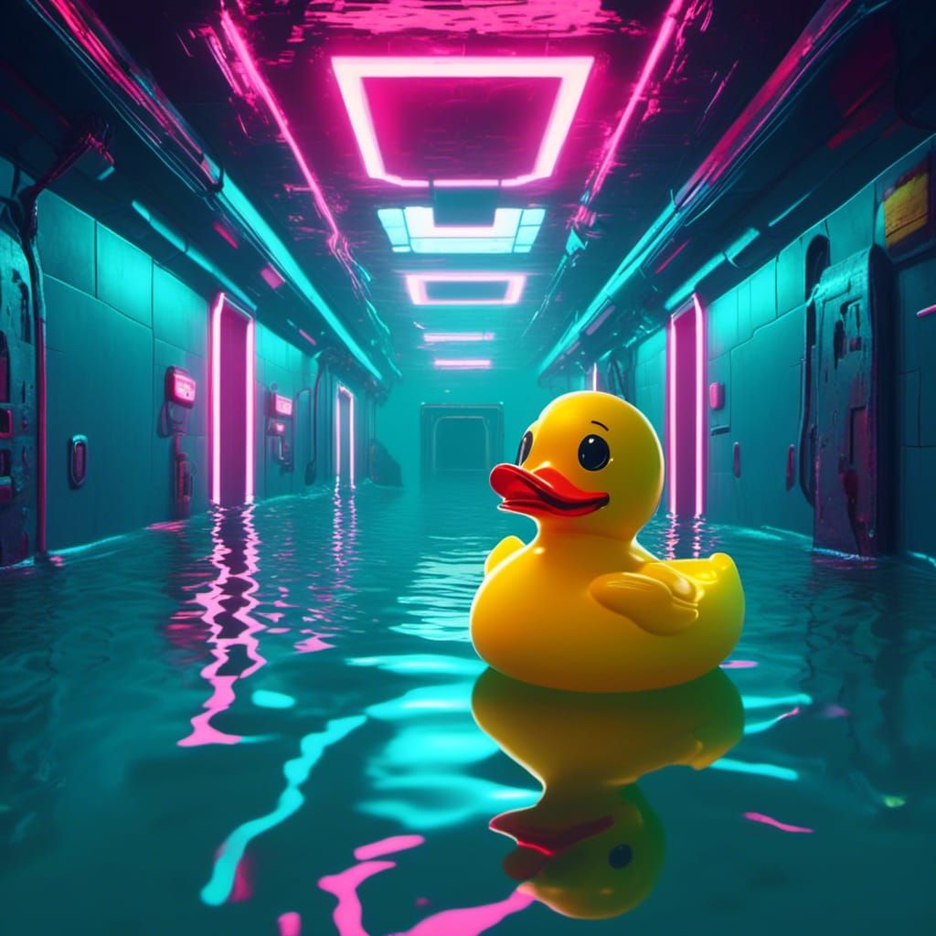 Retro Game Scene: Rubber Duck in Submerged Hallway