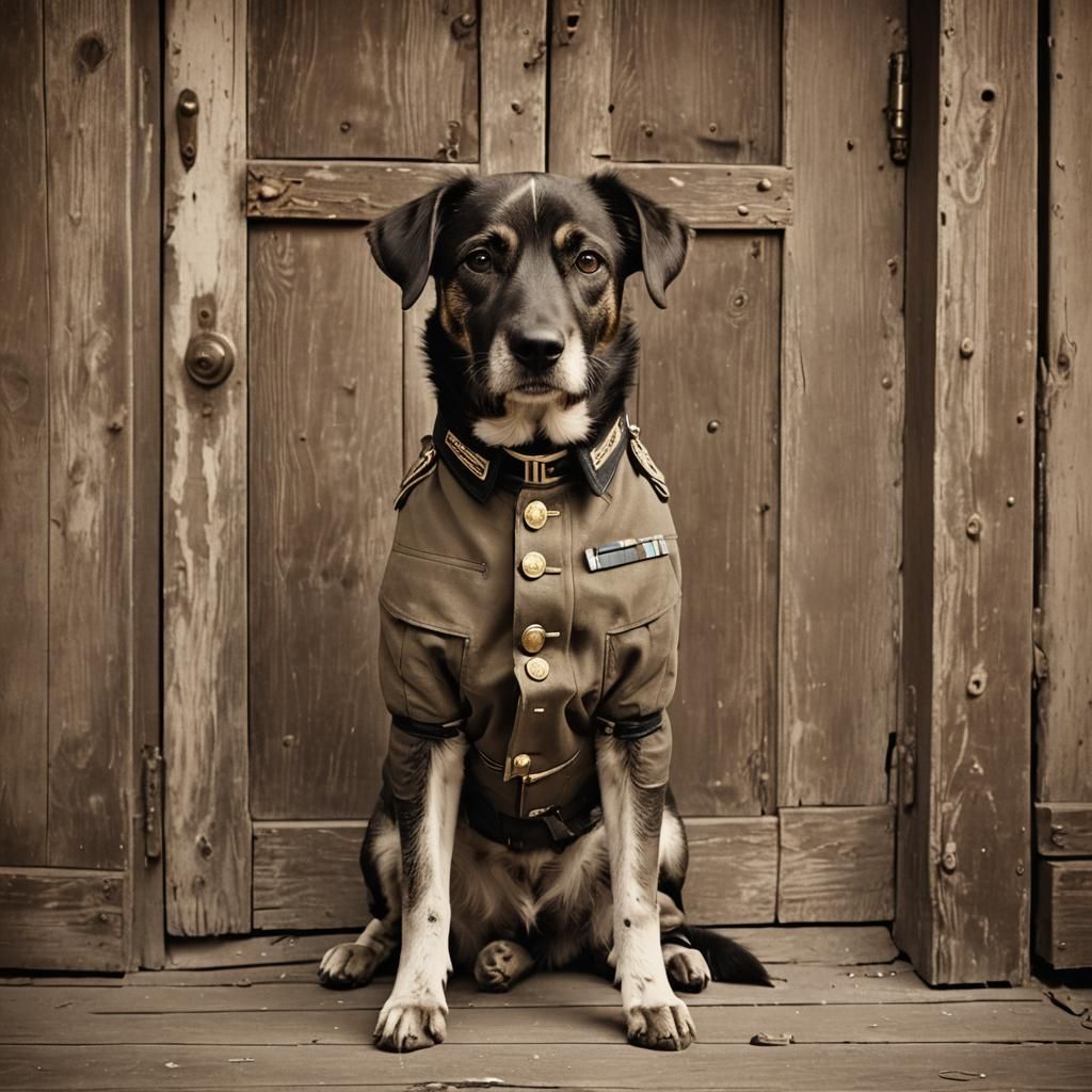 Dog in Military Uniform: Vintage Sepia Photography