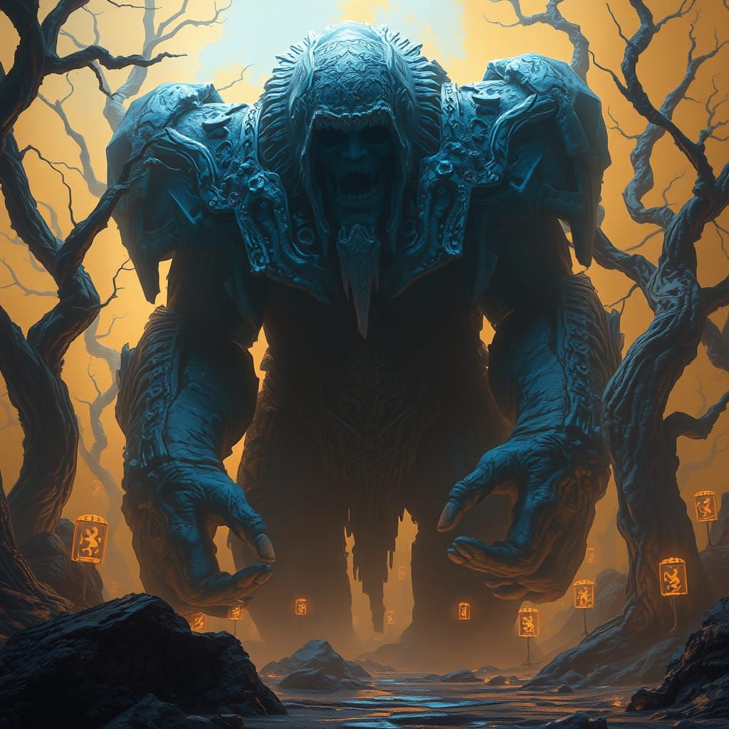 Mystical Golem in Fantasy Matte Painting Environment