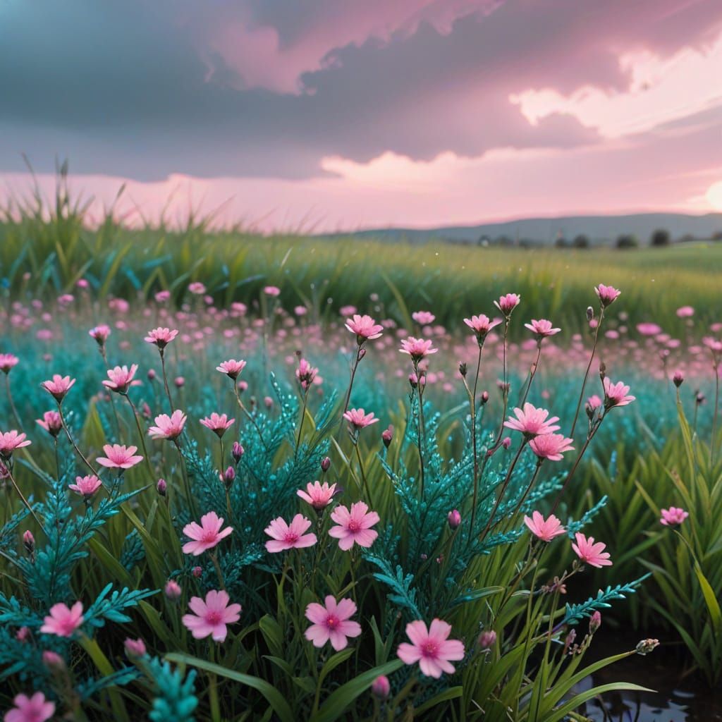 Pink Flowers in Teal Field with Pink Sky