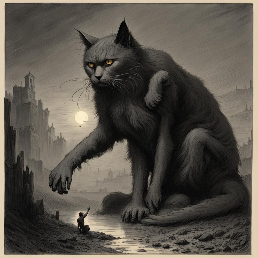 Giant Cat in a Dark Fantasy Horror Scene