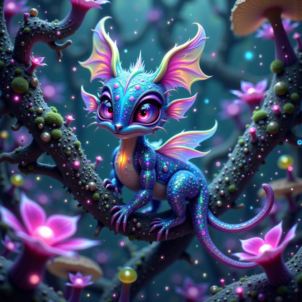 Bioluminescent Creature in Lush Alien Forest, Manga Style