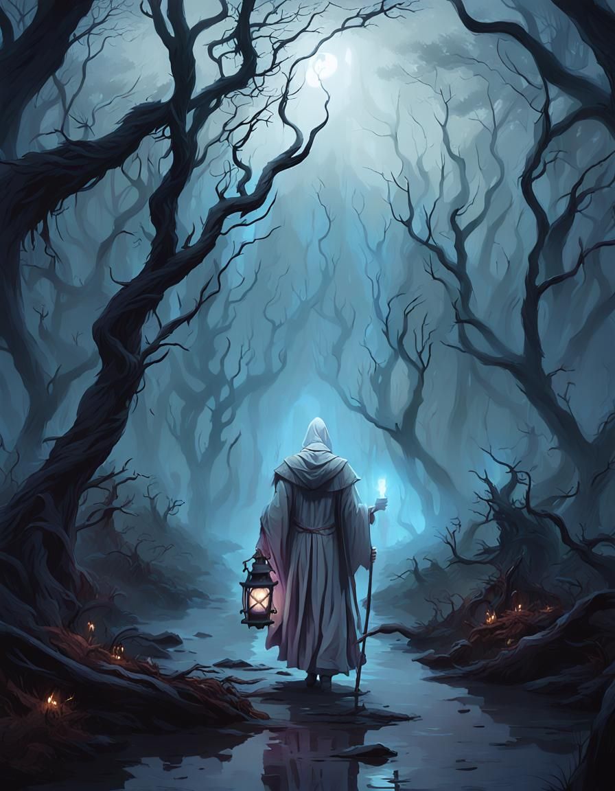 Eerie Swamp Cleric with Lantern in Digital Art