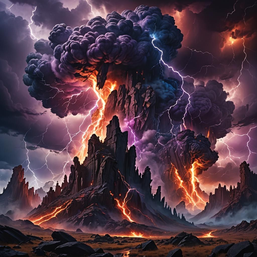 Electric Clouds over Twisted Rock, Digital Fantasy Art