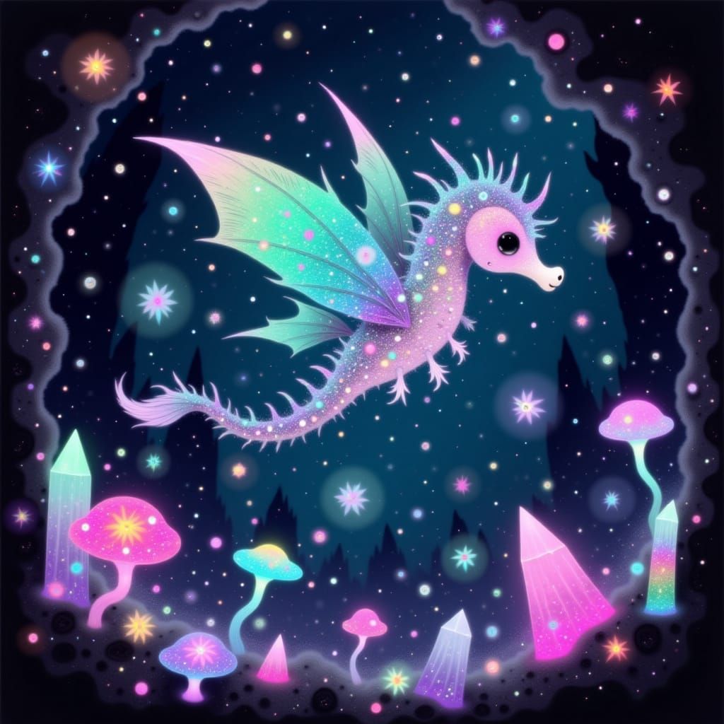 Flying Seahorse Soaring Through Bioluminescent Crystal Cave