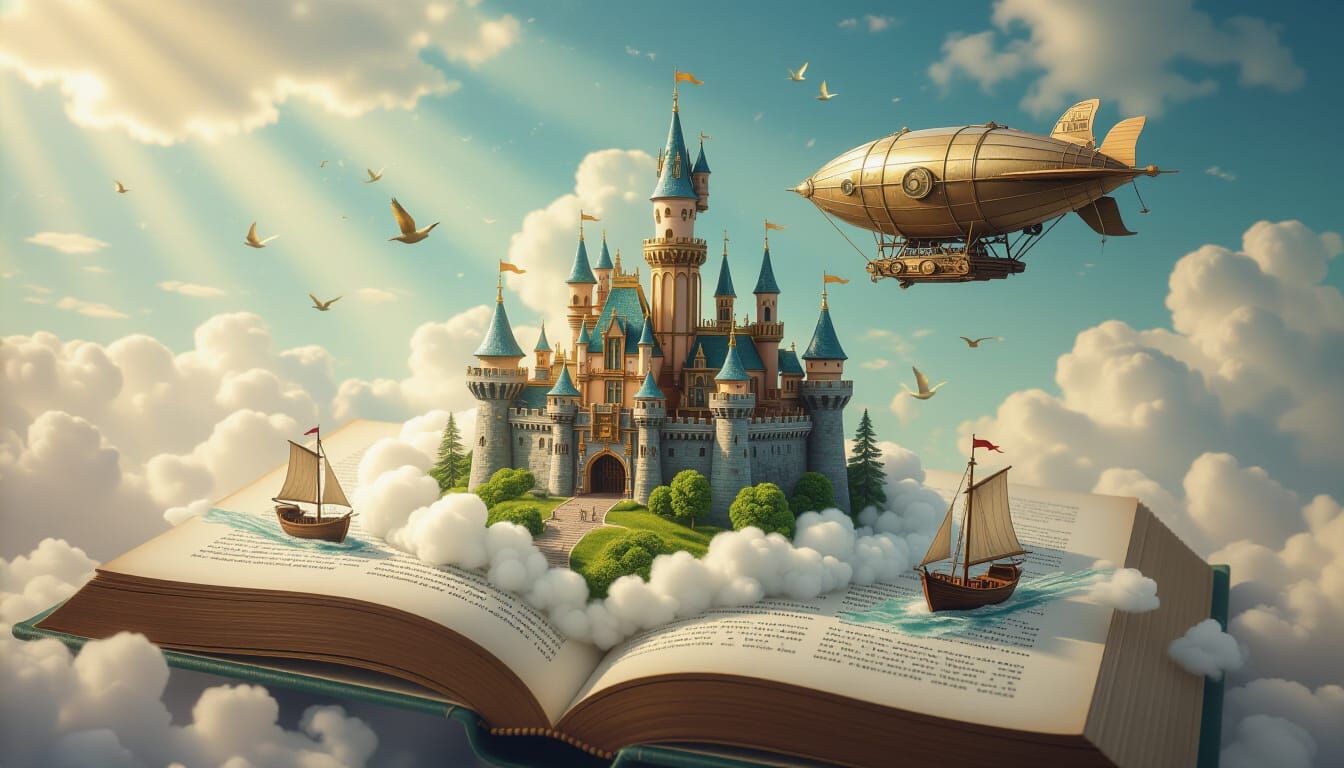 Steampunk Cloud Castle Village Emerging from Open Book