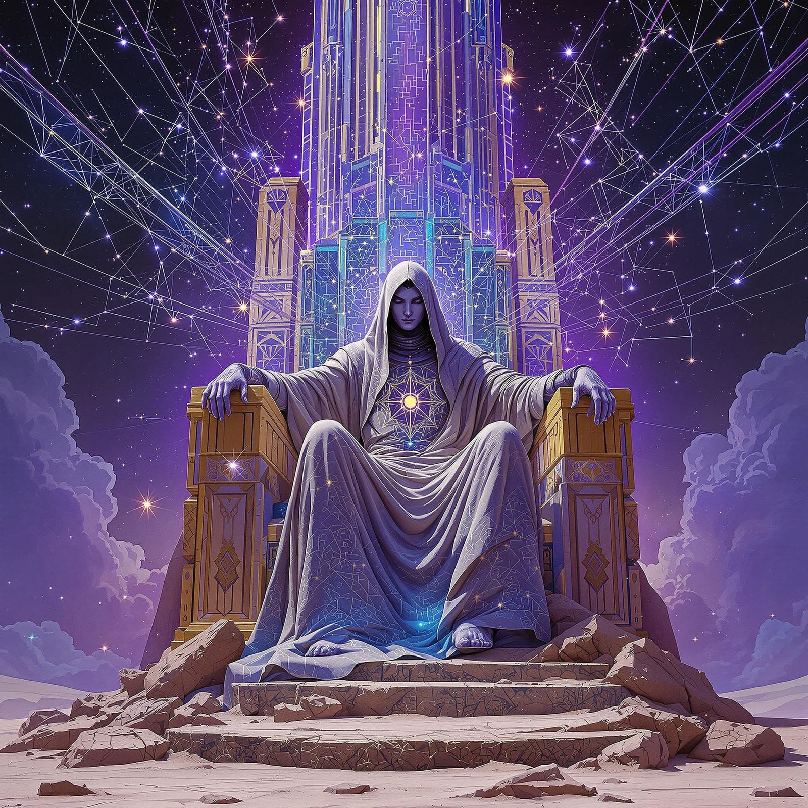 Mythical Deity Mnemos on Mirrored Blueprint Throne