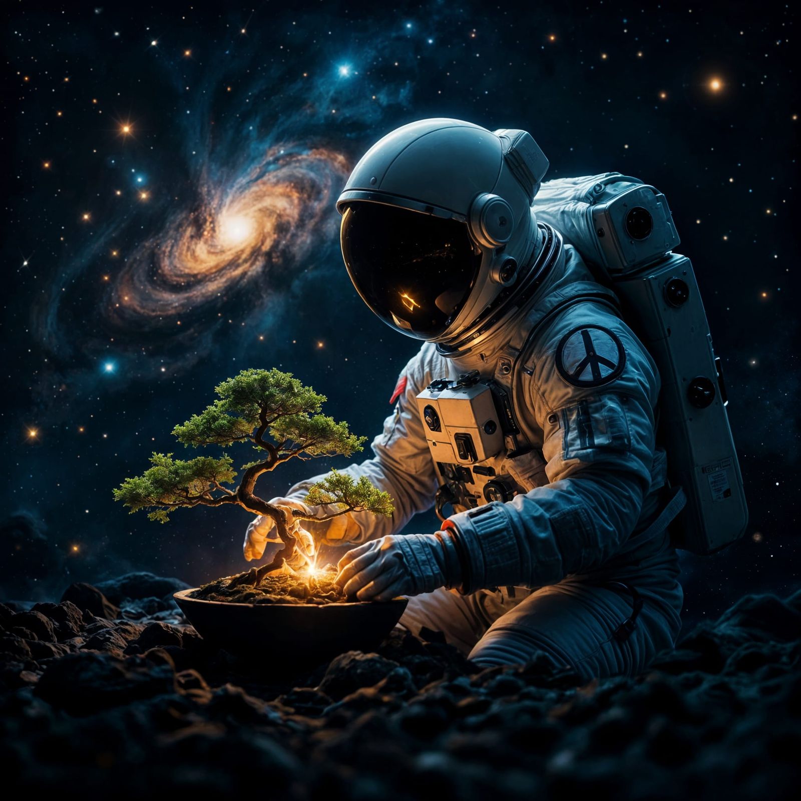 Astronaut Tends Glowing Bonsai in Cosmic Digital Matte Paint...