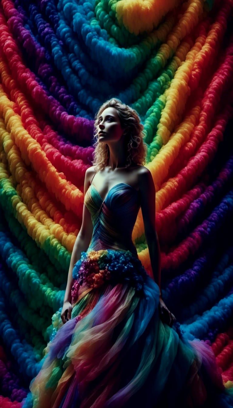 Rainbow Tulle Spiral Surrounds Woman: Cinematic Still