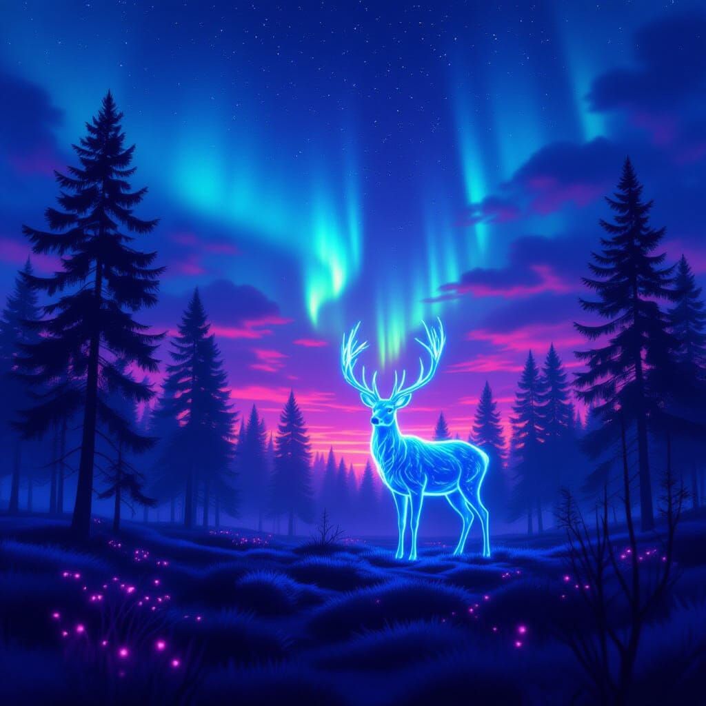Bioluminescent Deer in a Twilight Forest: Ethereal Colors