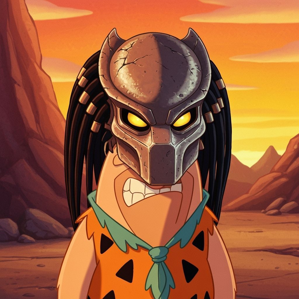 Fred Flintstone in Predator Mask, Cartoon Style