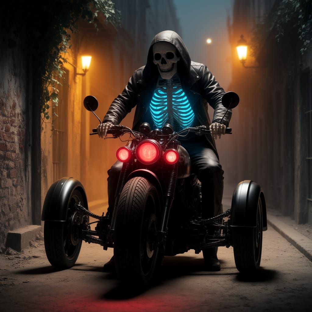 Gothic Skeleton Cruises a Three-Wheel Chopper in Dark Alleyw...