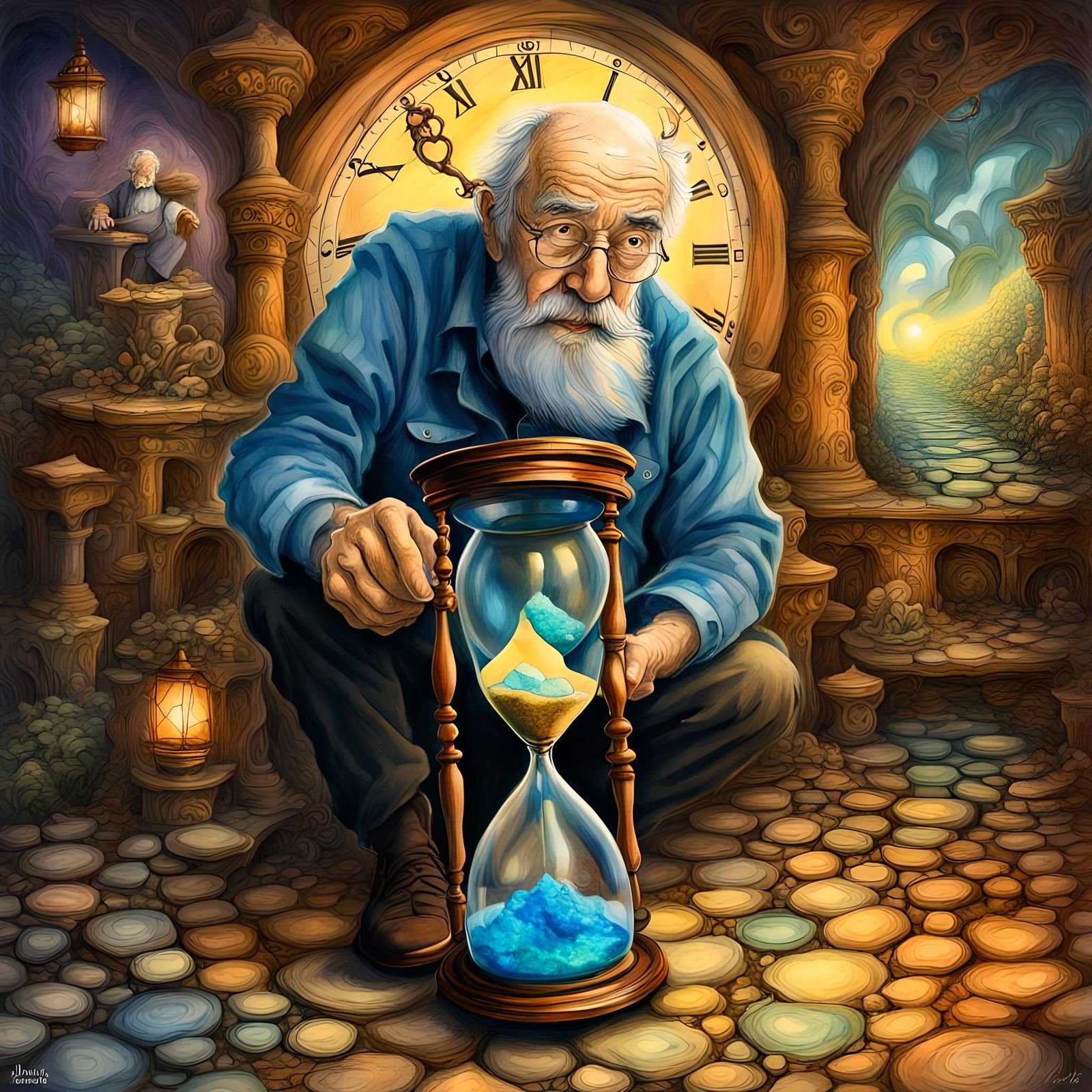 Father Time with Hourglass in Watercolor Style